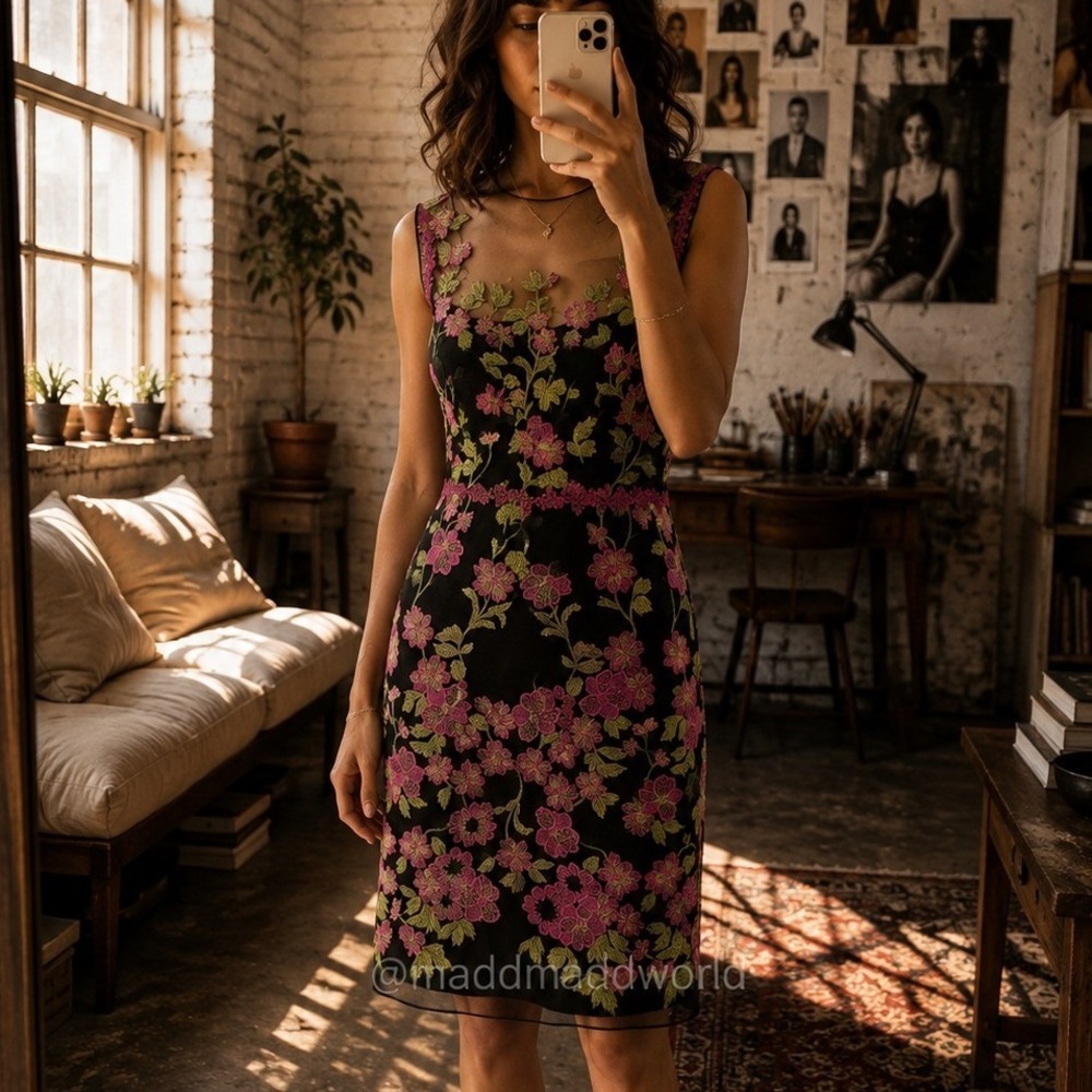 Marchesa Notte Floral Embroidered Mesh Open Back Mini Dress Pink Black 10